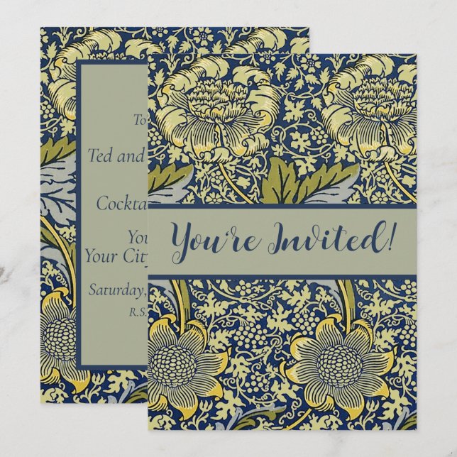 Invitation Papier Peint Floral William Morris Kennet Bleu Or (Devant / Derrière)