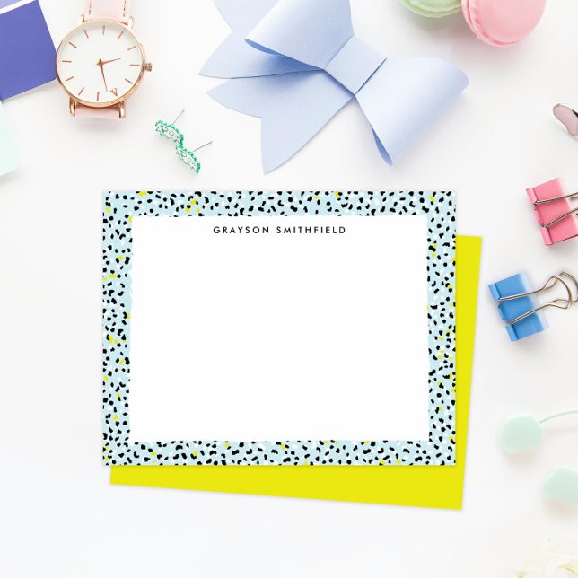 Invitation Papier personnel Empreinte de léopard de neige Cit (fun colorful ice blue and citron yellow leopard print border frame personal stationery note cards)