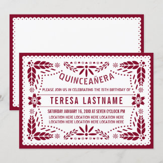 Invitation Papier picado bordeaux, blanc Mexicain Quinceañera