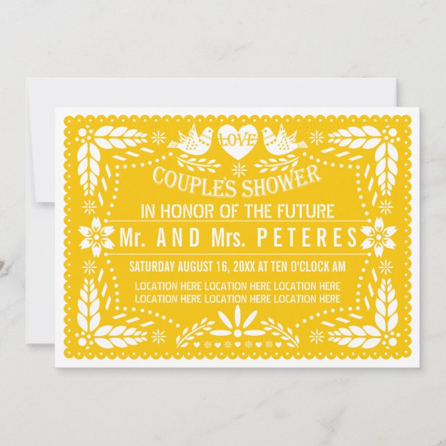 Invitation Papier picado jaune mariage couple douche (Devant)