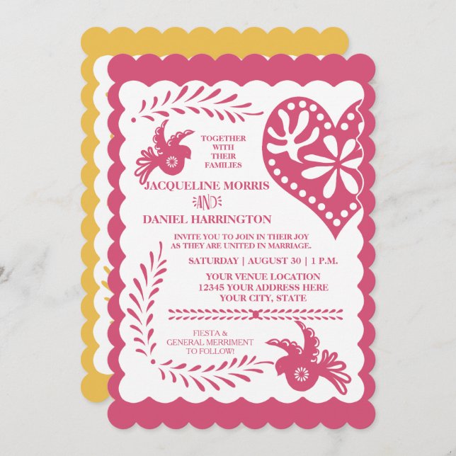 Invitation Papier Picado Mexicaine Fiesta rose Mariage jaune  (Devant / Derrière)