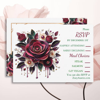 Invitation Papier Quilling Bourgogne Roses et perles RSVP