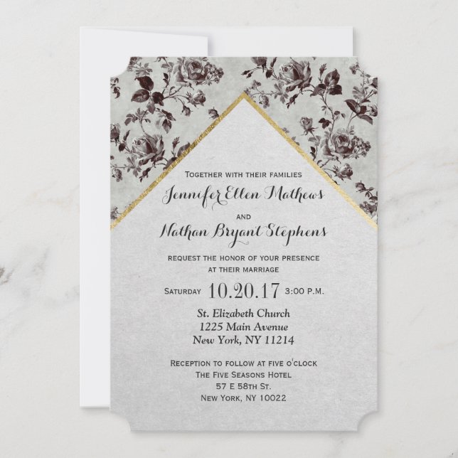 Invitation Papier Recyclé Black & White Floral & Gold Triage (Devant)