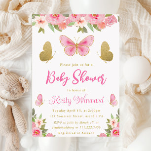 Invitation Papier rose et papillon doré pour la baby shower d