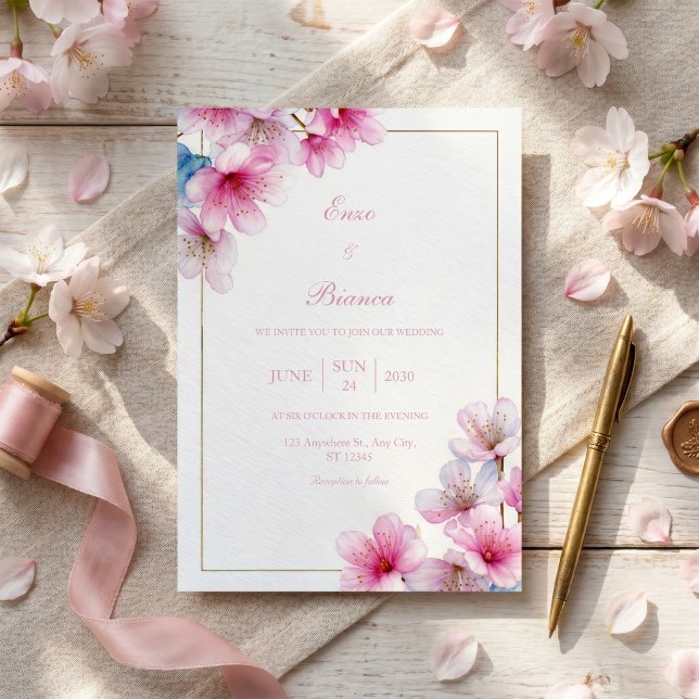 Invitation Papier Texturé Rose Sakura Cadre Mariage Doré (Créateur téléchargé)