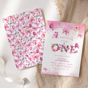 Invitation Papillon 1er anniversaire bébé fille rose or pouss
