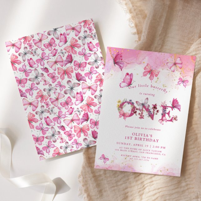 Invitation Papillon 1er anniversaire bébé fille rose or pouss (Créateur téléchargé)
