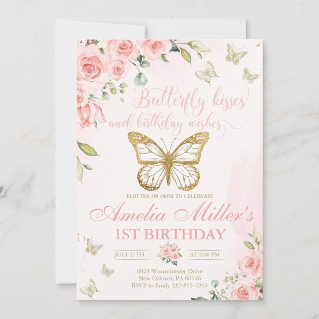 Invitation Papillon 1er anniversaire, Filles 1er anniversaire (Devant)