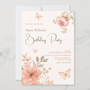 Invitation Papillon à fleurs de pêche rose