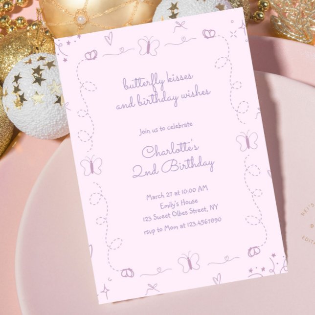 Invitation Papillon à main violet dessiné Birthday Whimsical (Purple Butterfly Birthday Invitation, Whimsical Butterfly Birthday, Hand drawn Butterflies, Handwrit)
