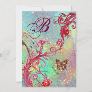 Invitation PAPILLON À PAILLETTES 2 Monogramme de mariage bleu