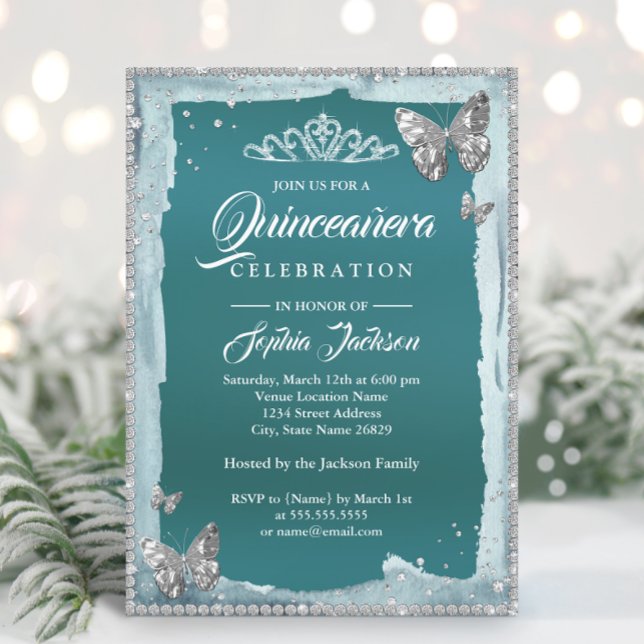 Invitation Papillon à paillettes diamant argent sarcelle Quin (Créateur téléchargé)