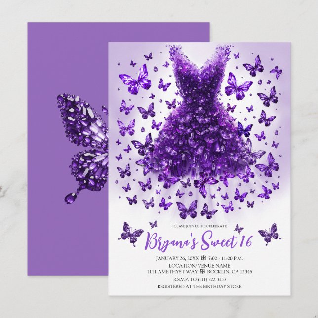 Invitation Papillon Améthyste Robe Pierre de Naissance de Fév (Devant / Derrière)