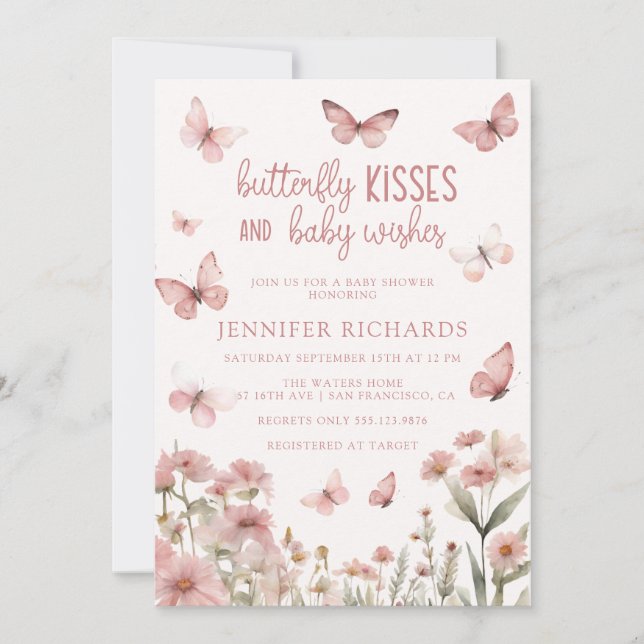 Invitation Papillon aquarelle | Fête de bébé fille rose  (Devant)