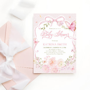 Invitation Papillon Aquarelle Fille Baby Shower Rose Fleur