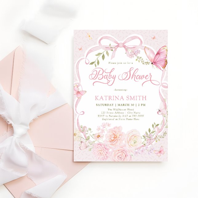 Invitation Papillon Aquarelle Fille Baby Shower Rose Fleur (Créateur téléchargé)