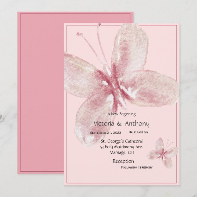 Invitation Papillon aquarelle mauve rose élégant (Devant / Derrière)