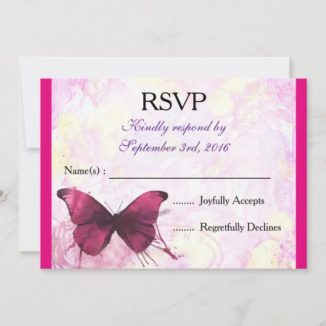 Invitation Papillon aquarelle violet sur RSVP rose (Devant)