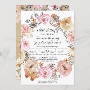 Invitation Papillon Aquarelle Wreath rose Floral Baby Girl