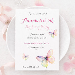 Invitation Papillon Arc-en-ciel Pastel pour les 7 ans des Fil