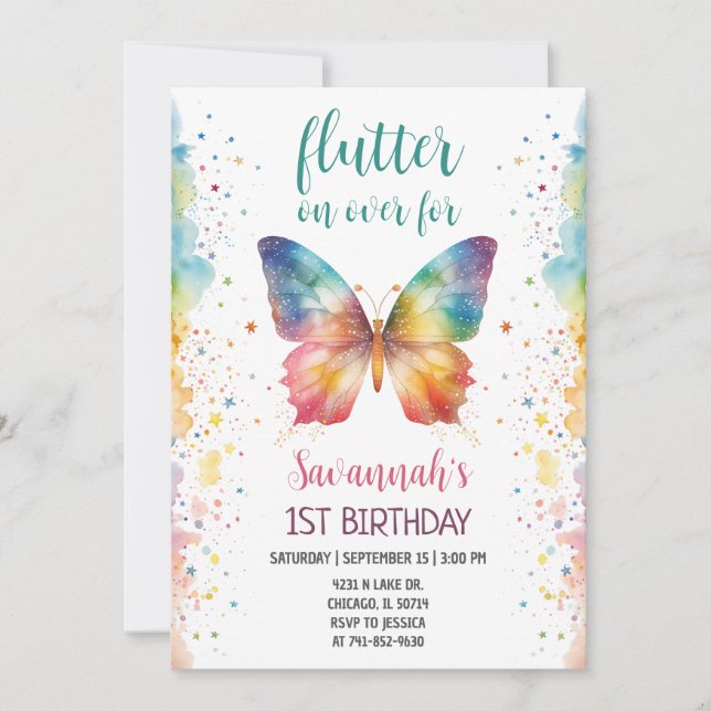 Invitation Papillon Arc-en-ciel pour 1er Anniversaire Papillo (Devant)