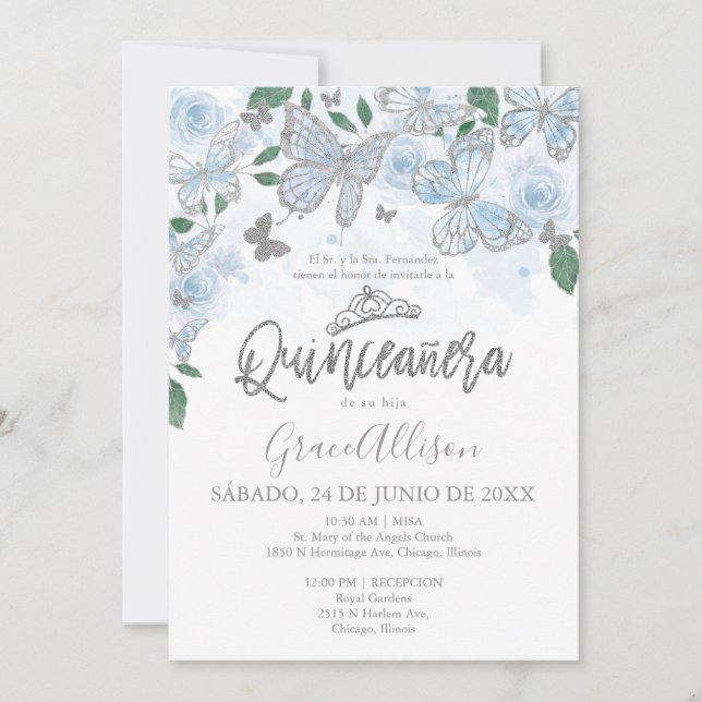 Invitation Papillon argent bleu poussiéreux Quinceanera (Devant)