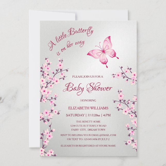 Invitation Papillon argent rose | Fille Baby Shower  (Devant)