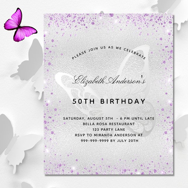 Invitation papillon argent violet d'anniversaire b (Créateur téléchargé)