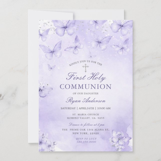 Invitation Papillon argent violet Première Sainte Communion  (Devant)