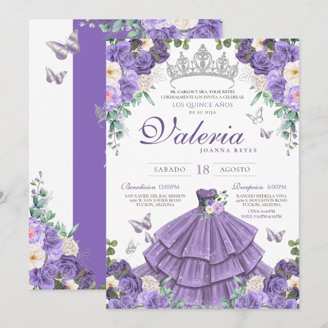 Invitation Papillon argenté clair violet princesse Quinceaner (Devant / Derrière)