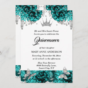 Invitation papillon argenté turquoise bleu rose quinceanera