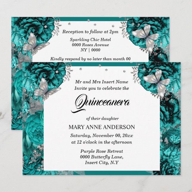Invitation papillon argenté turquoise élégant rose quinceaner (Devant / Derrière)