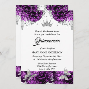 Invitation Papillon argenté violet rose quinceanera