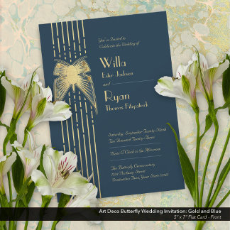 Invitation Papillon Art déco Mariage bleu et or