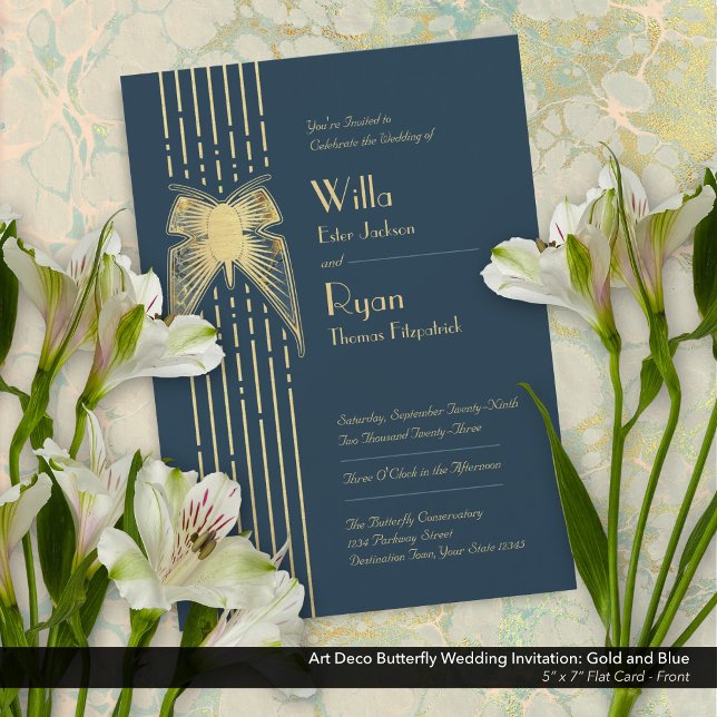 Invitation Papillon Art déco Mariage bleu et or (Art Deco Butterfly Blue and Gold Wedding Invitation - Front)