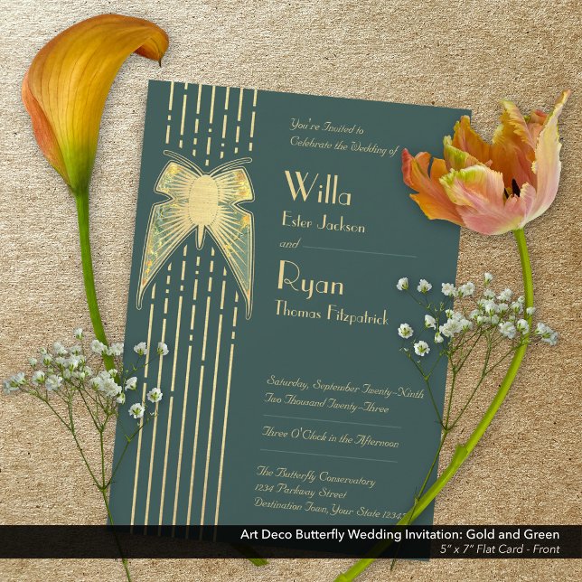 Invitation Papillon Art déco Mariage vert et or (Art Deco Butterfly Green and Gold Wedding Invitation - Front)