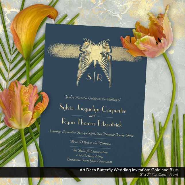 Invitation Papillon Art Déco Monogramme Mariage bleu et or (Art Deco Butterfly Monogram Blue and Gold Wedding Invitation - Front)