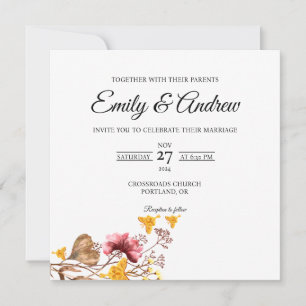 Invitation Papillon Automne Floral Aquarelle Carré Mariage