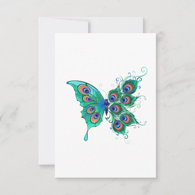 Invitation Papillon aux plumes de paon vert (Devant)