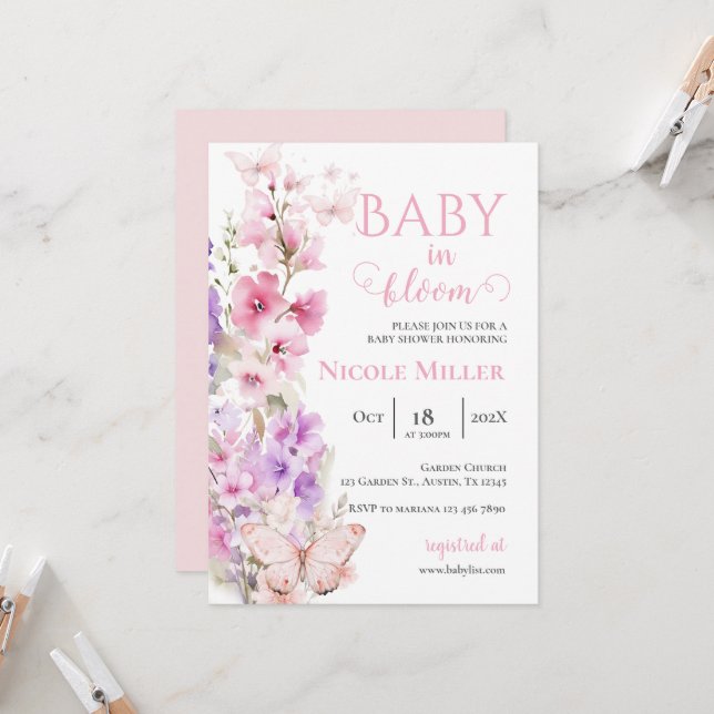 Invitation Papillon baby shower en fleur (Devant/Arrière en situation)