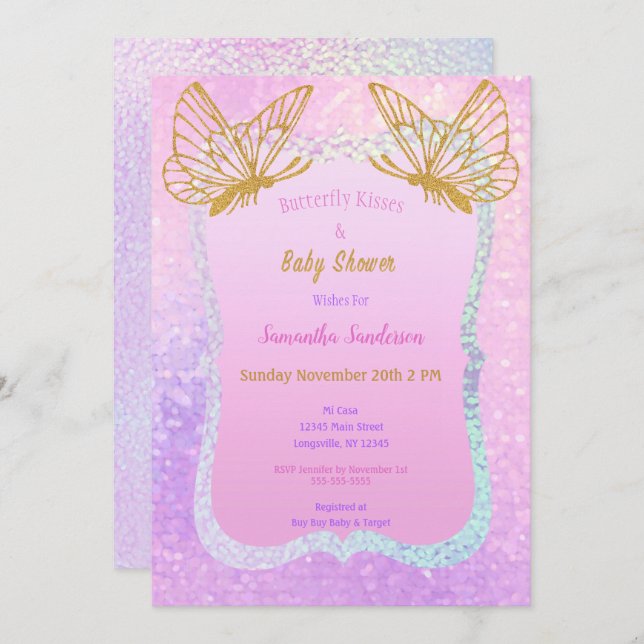 Invitation Papillon Baby shower fille Parties scintillant or  (Devant / Derrière)