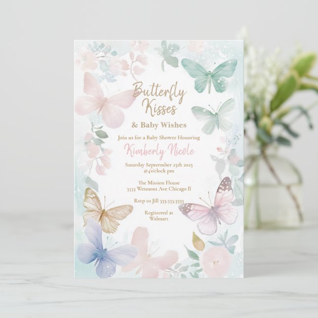 Invitation Papillon baby shower papillon embrasse baby shower (Debout devant)