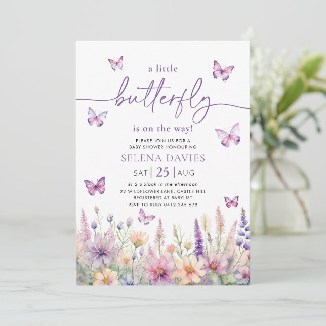 Invitation Papillon Baby shower papillon violet Fleur rose (Debout devant)