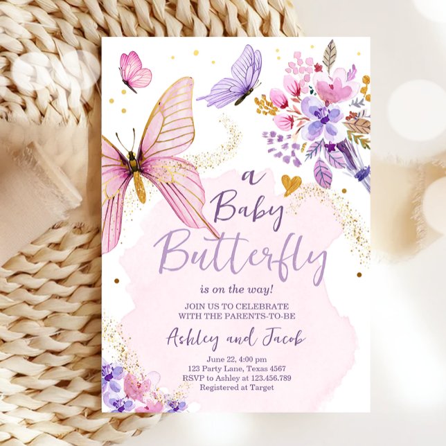 Invitation Papillon Baby shower Purple Floral Rose Girl (Créateur téléchargé)