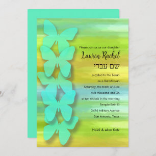 Invitation Papillon bat mitzvah Aquarelle Bleu Vert Jaune