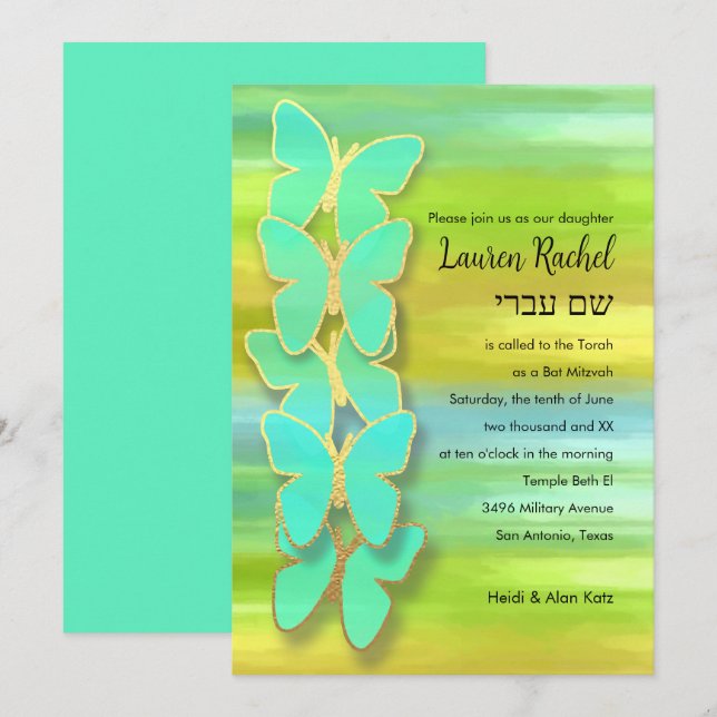 Invitation Papillon bat mitzvah Aquarelle Bleu Vert Jaune (Devant / Derrière)