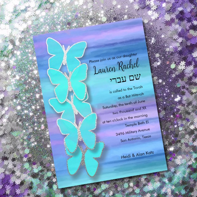 Invitation Papillon bat mitzvah Turquoise Purple Aquarelle (Créateur téléchargé)