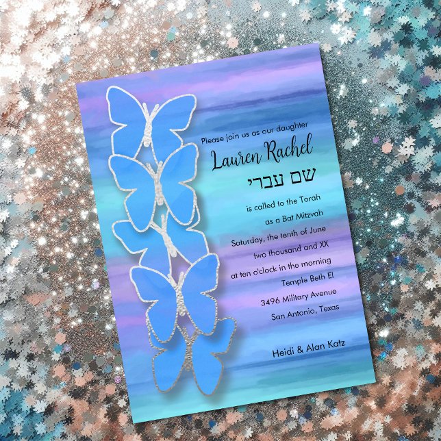 Invitation Papillon bat mitzvah Turquoise Purple Aquarelle (Créateur téléchargé)