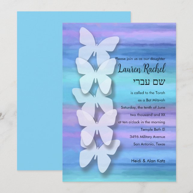 Invitation Papillon bat mitzvah Turquoise Purple Aquarelle (Devant / Derrière)