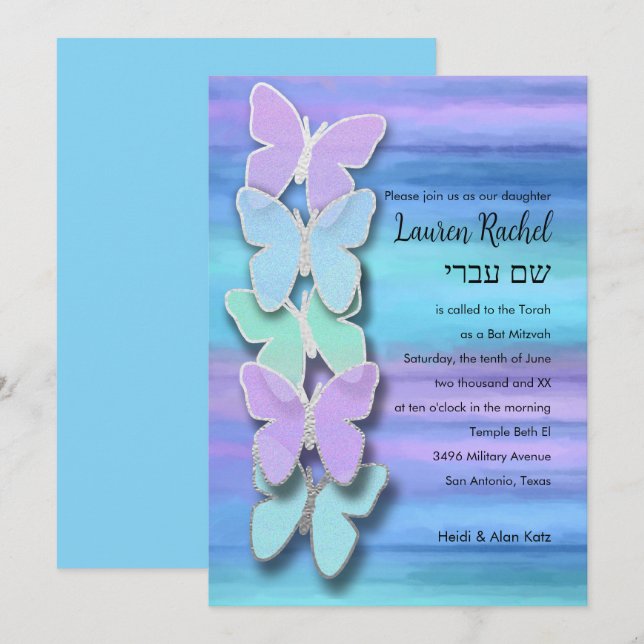 Invitation Papillon bat mitzvah Turquoise Purple Aquarelle (Devant / Derrière)